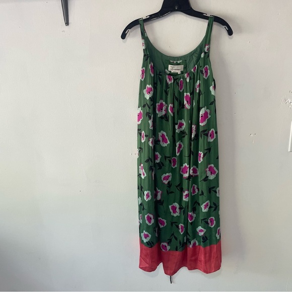 Anthropologie Mireille Green Pink Floral Print Pleated Midi Dress 37385 - Picture 2 of 11